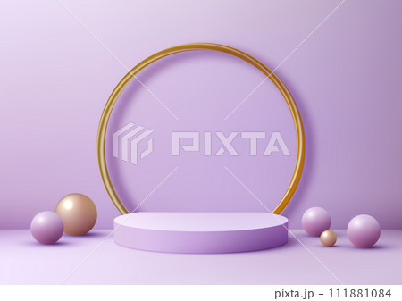 3D round purple podium with a gold ring and balls on a purple background, Luxury style 3D round purple podium with a gold ring and balls on a purple background, Luxury style 111881084