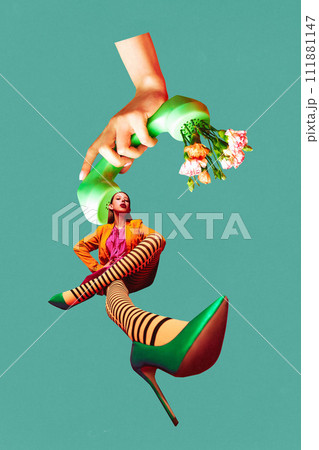 Modern aesthetic artwork. Person in striped tights and orange jacket with oversized shoe and hand holding phone with flowers. Surrealistic art style. Modern aesthetic artwork. Person in striped tights and orange jacket with oversized shoe and hand holding phone with flowers. Surrealistic art style. 111881147