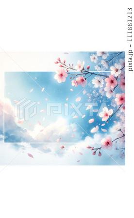 青空の中で桜が舞っているイラストで壁紙や背景に使える 111881213
