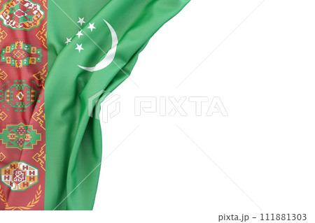 Flag of Turkmenistan in the corner on white background. 3D rendering. Isolated Flag of Turkmenistan in the corner on white background. 3D rendering. Isolated 111881303