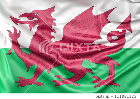 Ruffled Flag of Wales. 3D Rendering Ruffled Flag of Wales. 3D Rendering 111881325