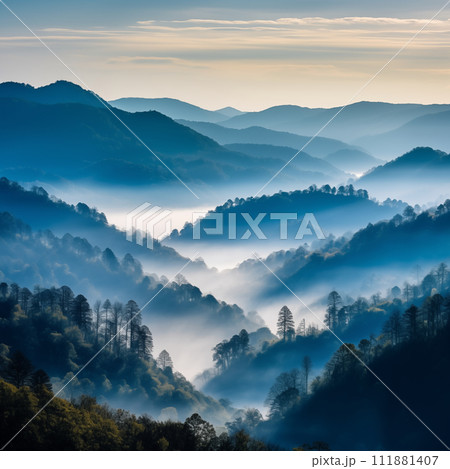 Aerial view of mountains under mist morning 111881407