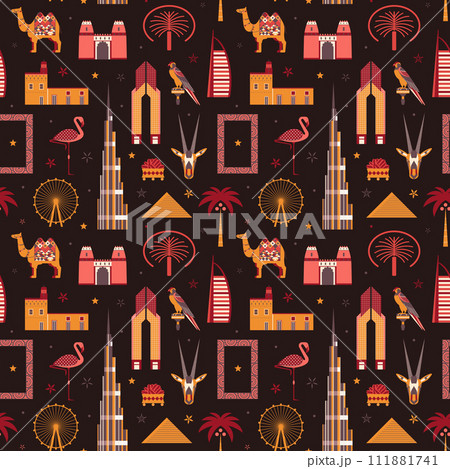 UAE Travel Pattern with Landmarks and Animals UAE Travel Pattern with Landmarks and Animals 111881741