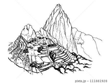 Hand drawn ink vector illustration, mountain landscape scenery Central South America, hills plane, Machu Picchu terraces. Isolated on white background. Design travel, vacation trip, brochure, print 111881928