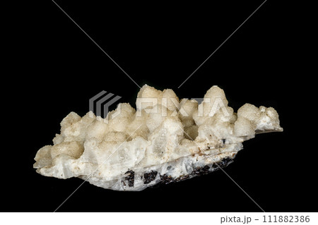 Macro mineral quartz stone of two genirats on a black background 111882386