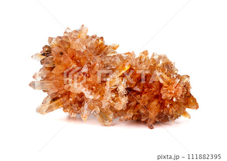 Macro of mineral stone Creedite on microcline on white background 111882395