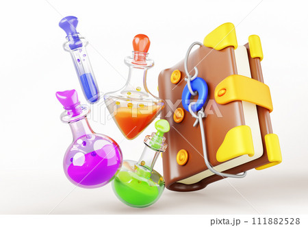 Magic potions and spell book, witchcraft 3d banner. Fantasy alchemy grimoire with elixir or poison. Witch or wizard diary and glass lab flasks with color liquid, Cartoon render icons. 3D illustration Magic potions and spell book, witchcraft 3d banner. Fantasy alchemy grimoire with elixir or poison. Witch or wizard diary and glass lab flasks with color liquid, Cartoon render icons. 3D illustration 111882528