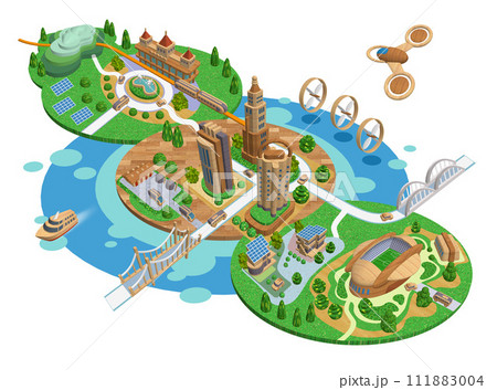 ウッディタウン-木製のエコシティの3D未来イラスト バリエーションあり ウッディタウン-木製のエコシティの3D未来イラスト バリエーションあり 111883004