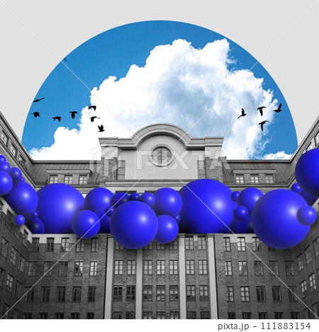 Monochrome building facade with blue spherical balloons under blue sky with clouds and bird silhouettes. Contemporary art collage. Monochrome building facade with blue spherical balloons under blue sky with clouds and bird silhouettes. Contemporary art collage. 111883154