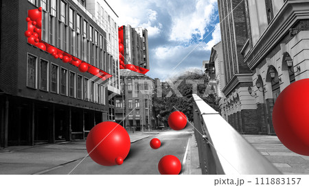Urban street with monochrome modern buildings, oversized red spherical sculptures with partly cloudy sky. Contemporary art collage. Urban street with monochrome modern buildings, oversized red spherical sculptures with partly cloudy sky. Contemporary art collage. 111883157