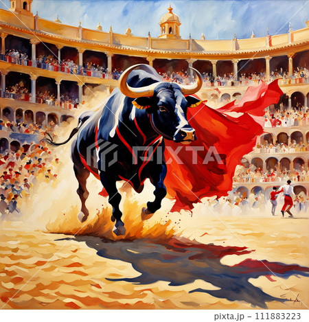 AI-generated content. The last charge of a fighting bull. 111883223