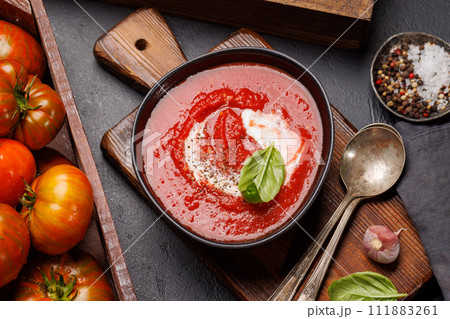 Refreshing homemade tomato gazpacho soup Refreshing homemade tomato gazpacho soup 111883261