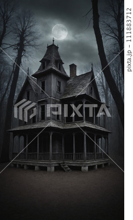 Haunted house in the forest at night with full moon 111883712