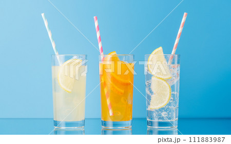 Various lemonade with ice in glasses Various lemonade with ice in glasses 111883987