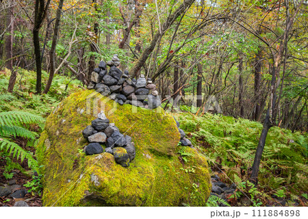 登山道の苔岩に積まれた石たち【小浅間山】 登山道の苔岩に積まれた石たち【小浅間山】 111884898