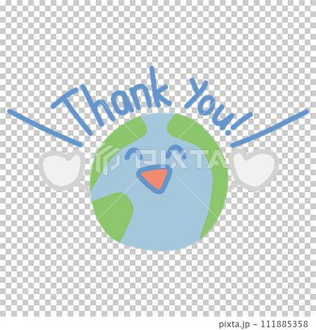 An illustration of a cutely deformed Earth character raising both hands and saying "Thank you" An illustration of a cutely deformed Earth character raising both hands and saying "Thank you" 111885358