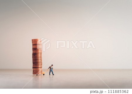 Worker with hand truck full of coins Worker with hand truck full of coins 111885362