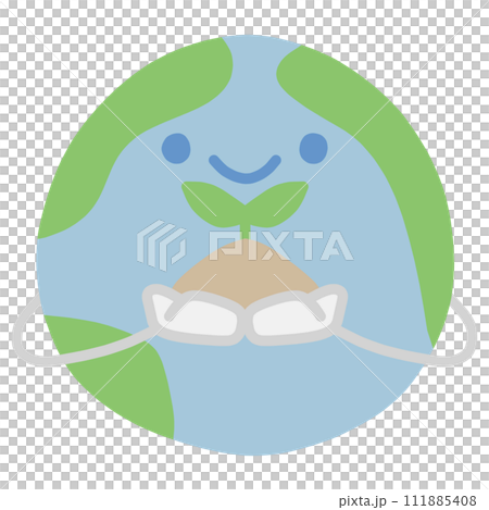 地球をかわいくデフォルメしたキャラクターが手に双葉の植物をもって微笑んでいるイラスト 地球をかわいくデフォルメしたキャラクターが手に双葉の植物をもって微笑んでいるイラスト 111885408