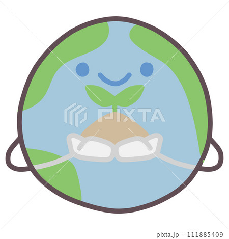 地球をかわいくデフォルメしたキャラクターが手に双葉の植物をもって微笑んでいるイラスト 地球をかわいくデフォルメしたキャラクターが手に双葉の植物をもって微笑んでいるイラスト 111885409