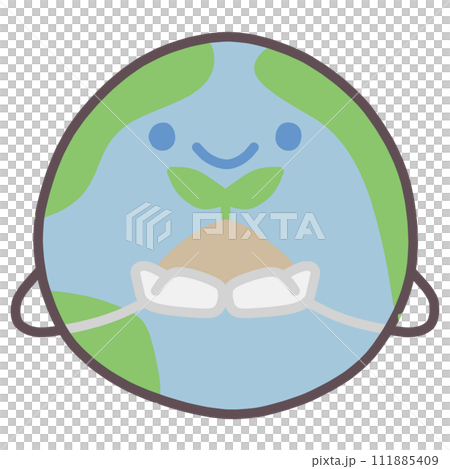 地球をかわいくデフォルメしたキャラクターが手に双葉の植物をもって微笑んでいるイラスト 地球をかわいくデフォルメしたキャラクターが手に双葉の植物をもって微笑んでいるイラスト 111885409