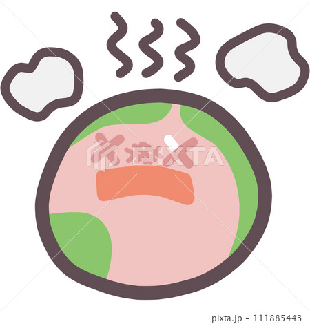地球をかわいくデフォルメしたキャラクターが温暖化して弱っているイラスト 111885443
