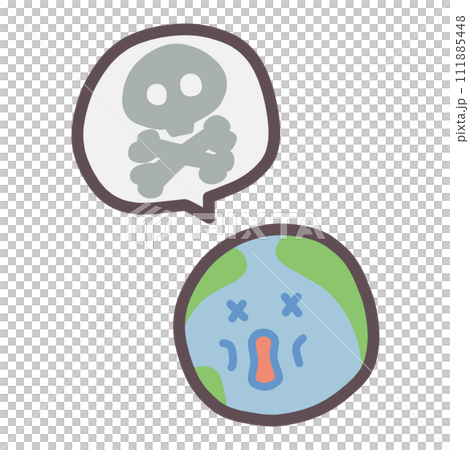 人物插圖描繪了一個衰弱的地球，帶有包含骷髏和交叉骨符號的語音氣泡。 111885448
