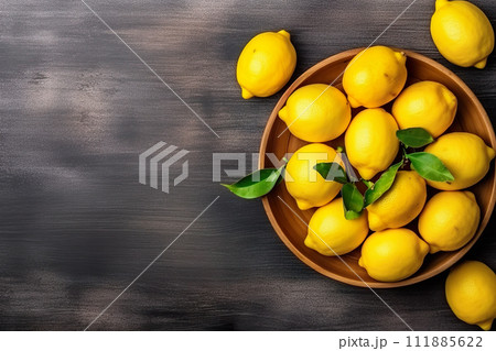 AI-generated content. Short food supply chains SFSCs.From garden to plate concept.A bowl of fresh lemons on the wood table.Flat lay,Copy space 111885622