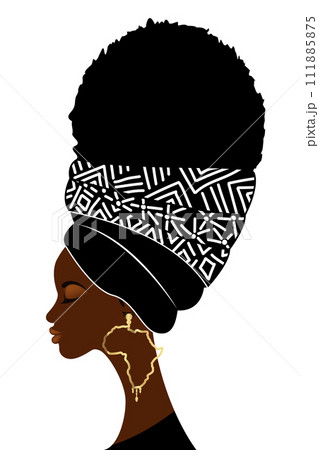 Portrait african woman with traditional head turban for Afro Curly hair. Africa luxury gold earrings. Typical headscarf. Beauty ethnic fashion design. Vector illustration isolated on white background Portrait african woman with traditional head turban for Afro Curly hair. Africa luxury gold earrings. Typical headscarf. Beauty ethnic fashion design. Vector illustration isolated on white background 111885875