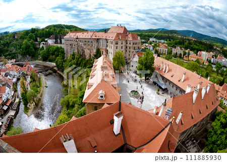 Aerial panorama of Cesky Krumlov Castle courtyard. South Bohemia, Czech Republic Aerial panorama of Cesky Krumlov Castle courtyard. South Bohemia, Czech Republic 111885930