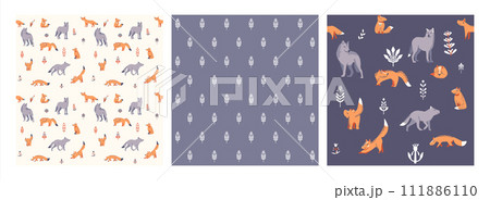 set of 3 cartoon patterns with foxes, wolves and twigs. Suitable for fabric, wallpaper, wrapping paper for children. set of 3 cartoon patterns with foxes, wolves and twigs. Suitable for fabric, wallpaper, wrapping paper for children. 111886110