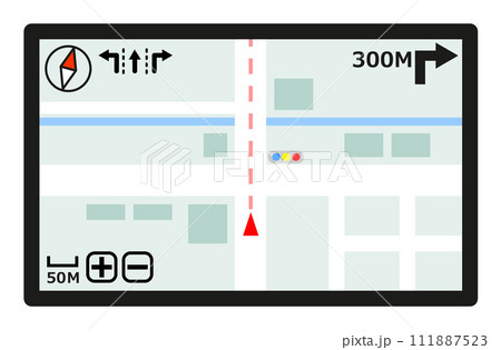 GPSで位置を受信して道路情報や地図の案内をするカーナビのイラスト 111887523