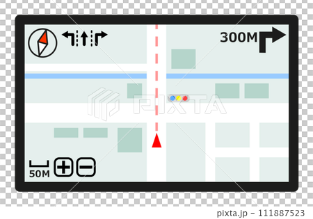 GPSで位置を受信して道路情報や地図の案内をするカーナビのイラスト 111887523