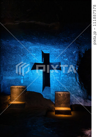 Magnificent cross glows with spiritual light in famous underground Catedral de Sal (Salt Cathedral) of Zipaquira, Colombia Magnificent cross glows with spiritual light in famous underground Catedral de Sal (Salt Cathedral) of Zipaquira, Colombia 111887578
