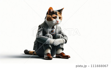 仕事で失敗して落ち込むスーツを着た三毛猫 111888067