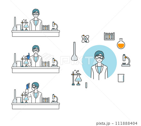 male illustration of a scientist in an experimental lab coat male illustration of a scientist in an experimental lab coat 111888404
