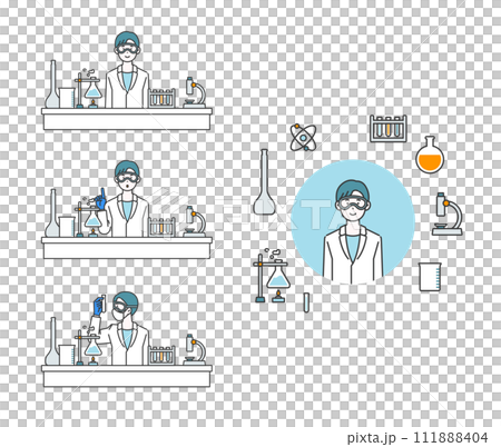 male illustration of a scientist in an experimental lab coat male illustration of a scientist in an experimental lab coat 111888404