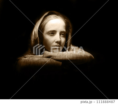 Lone sad pretty girl in dark room Lone sad pretty girl in dark room 111888487