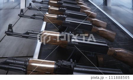 Russian machine gun AK 47 production factory. War concept. 3d rendering Russian machine gun AK 47 production factory. War concept. 3d rendering 111888505