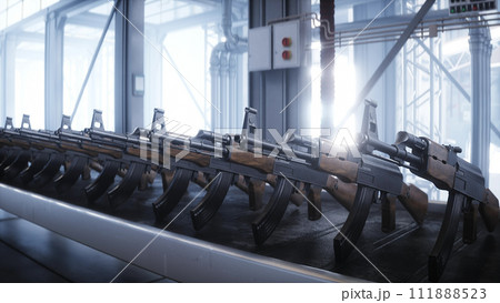 Russian machine gun AK 47 production factory. War concept. 3d rendering Russian machine gun AK 47 production factory. War concept. 3d rendering 111888523