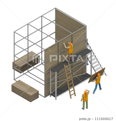 チームワークによる建設。 木製構造物の建設 111888627