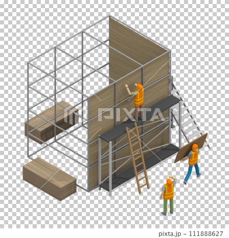 チームワークによる建設。 木製構造物の建設 111888627