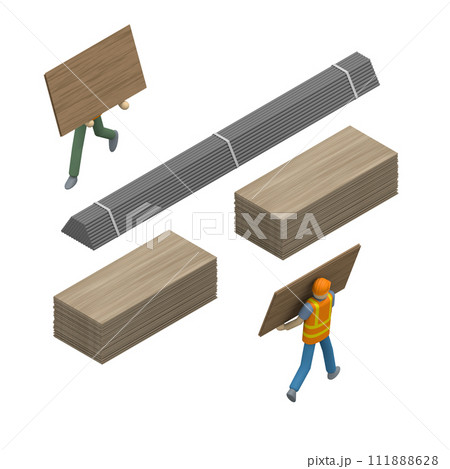 労働者と建築材料。 建設現場での協力と効率性 労働者と建築材料。 建設現場での協力と効率性 111888628