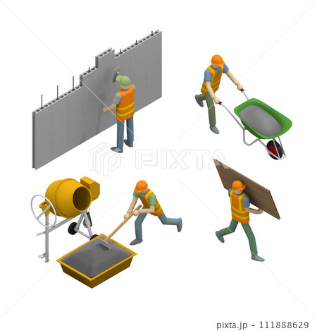 労働者たちが活動する建設現場。 壁の建設、セメントの混合、材料の運搬 111888629