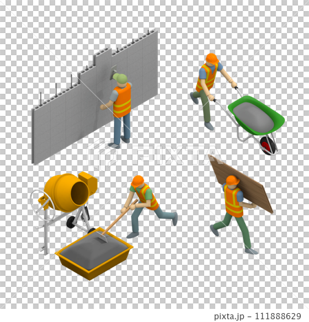 労働者たちが活動する建設現場。 壁の建設、セメントの混合、材料の運搬 111888629