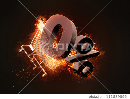 Burning shopping cart and red zero percentage discount sign. 3D illustration Burning shopping cart and red zero percentage discount sign. 3D illustration 111889096