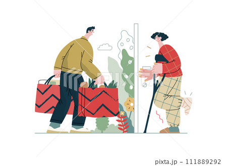 Mutual Support Buying groceries for ill neighbor -modern flat vector concept illustration of man carrying shopping bags for woman on crutches Metaphor of voluntary, collaborative exchanges of services Mutual Support Buying groceries for ill neighbor -modern flat vector concept illustration of man carrying shopping bags for woman on crutches Metaphor of voluntary, collaborative exchanges of services 111889292