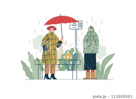 Mutual Support: Offer an umbrella to a stranger -modern flat vector concept illustration of a at a bus stop in the rain offering an umbrella A metaphor of voluntary, collaborative exchanges 111889301