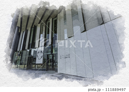 水彩画風　富山市街　富山市ガラス美術館　TOYAMAキラリ　富山県富山市 111889497
