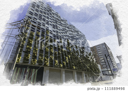 水彩画風　富山市街　富山市ガラス美術館　TOYAMAキラリ　富山県富山市 111889498