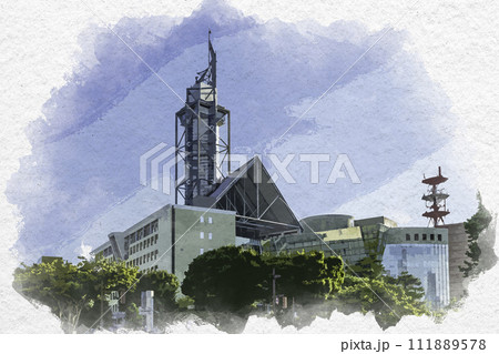 水彩画風　富山市街　富山市役所　富山県富山市 111889578